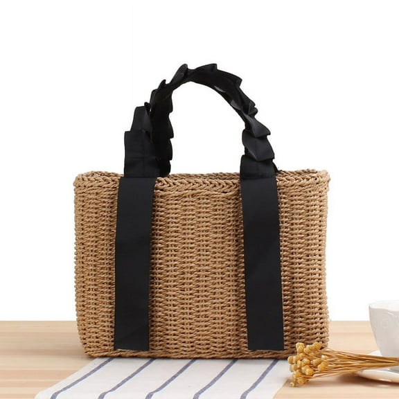 XmhyTop-A Womens Straw Tote Bag Handbag Large Woven Capacity Top Handle Bag Summer Stylish Straw Basket Bag(Black)