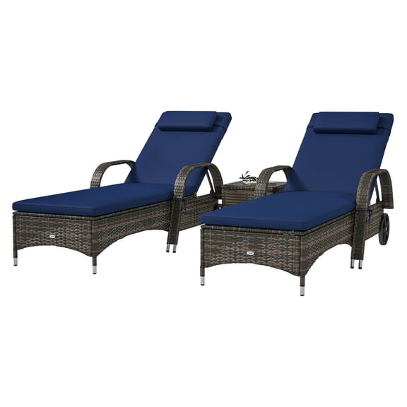 Patio Wicker Chaise Lounge Chairs Set of 2 with Table, Adjustable, Wheels & Cushions - Dark Blue