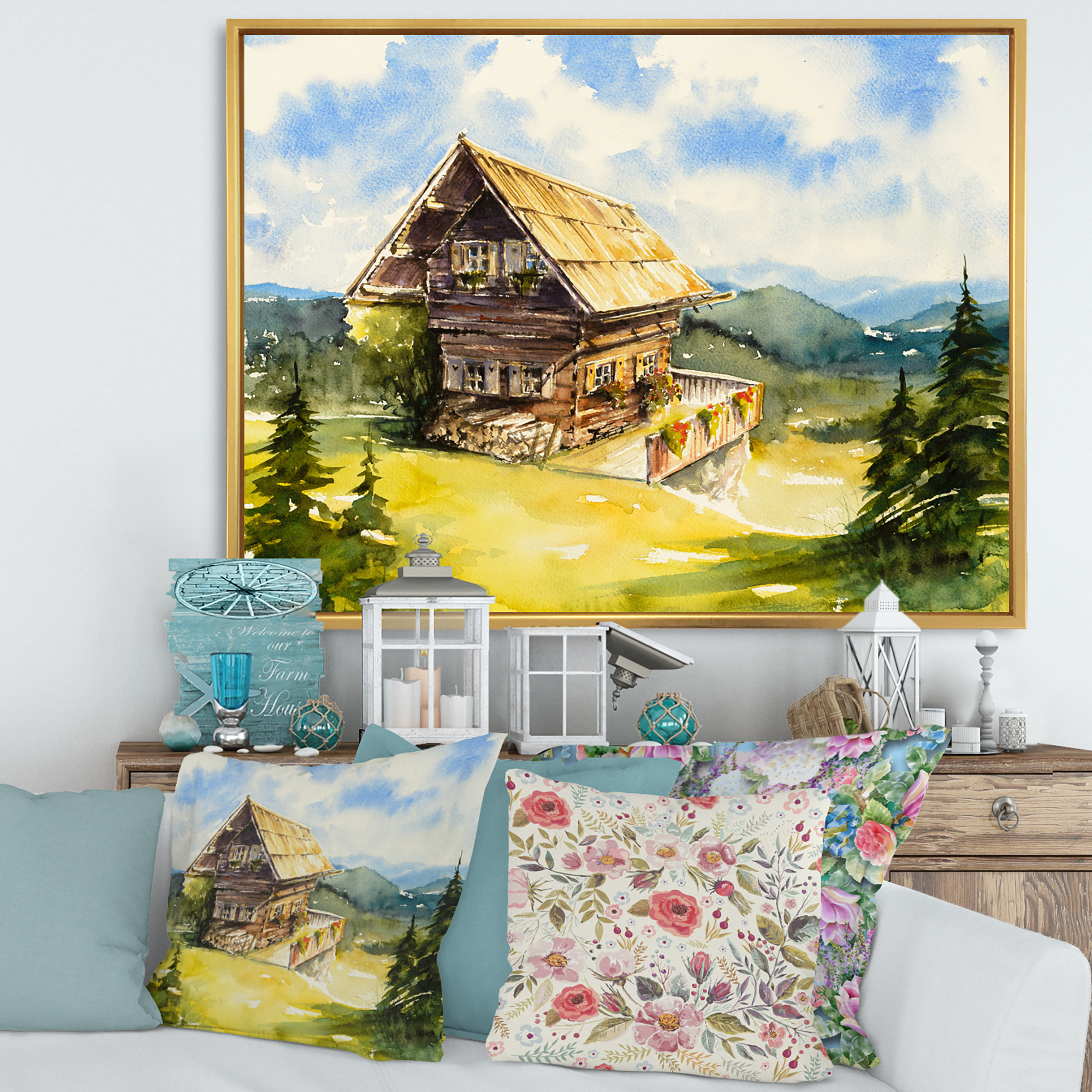 Designart 'Old Cottage At Summer With Peaceful Landscape' Traditional Framed Canvas Wall Art Print