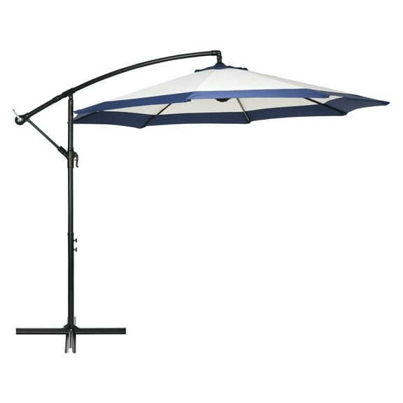 SAZYY 10FT Cantilever Patio Umbrella Offset with Crank, Navy Blue Outdoor Umbrella with Cross Base for Deck, Backyard, Pool