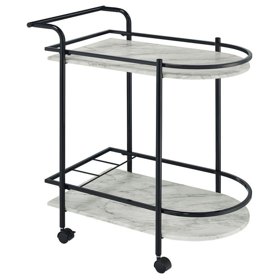 Bar Cart with Marble Shelves & Wine Rack - Rolling Serving Cart - Black Metal Frame - 29"L x 18.5"D x 32"H
