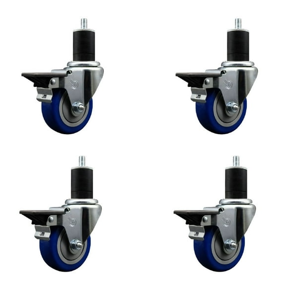 3.5 Inch Blue Poly Swivel 1-3/4 Inch Expanding Stem Caster Set with Brake SCC