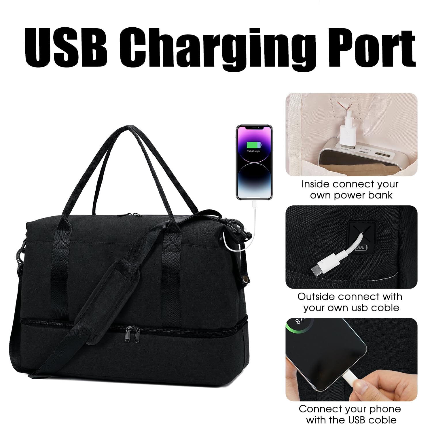 SportsNew Business Travel Bag with  Shoe Compartment  Wet Pocket ,TSA Carry on Personal Item Bag  18x14x8,Laptop Bag  with USB Charging Port, Gym Bag with Strip for Men Women(Black Bag)
