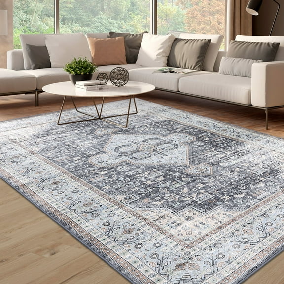 CAROMIO Boho Vintage Rug for Bedroom Machine Washable Throw Rug Low Pile Soft Carpet Non Slip Accent Rug for Dinning Room Living Room, 8' x 10' Gray