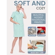Casual Nights Women's Snap Front House Dress, Lightweight Short Sleeve Cotton-Poly Knit Duster Robe with Pockets, Mid-Calf, Striped Green Medium