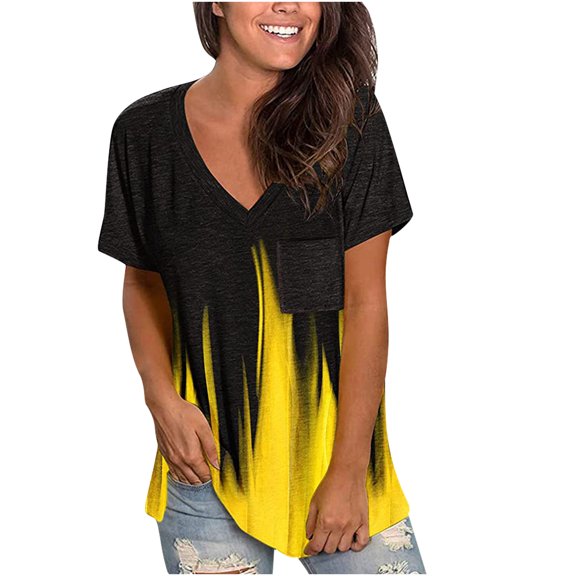 Summer Tops for Women Casual Flame Printed Tunic Short Sleeve V Neck Loose Fit T-Shirts Color Block Blouses