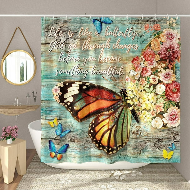 Sonernt Rustic Butterfly Shower Curtain, Farmhouse Wood Shower Curtain