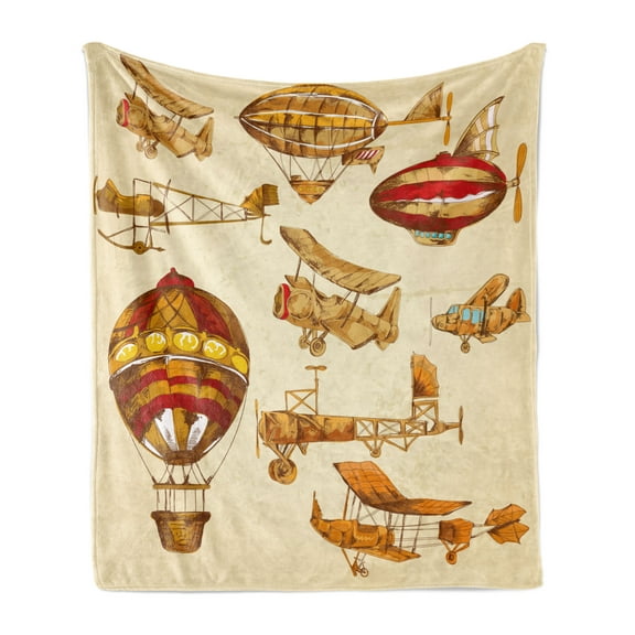 Aviation Soft Flannel Fleece Throw Blanket, Vintage Old Flying Objects Hot Baloons Planes Parachutes Print, Cozy Plush for Indoor and Outdoor Use, 50" x 60", Sand Brown Mustard, by Ambesonne
