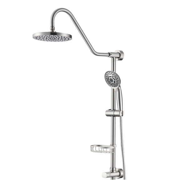 JERFIT Dual Shower Head Combo, 8 Inch Rain Shower Head and 5-Spray Handheld Shower with Adjustable Slide Bar, Brushed Nickel Wall Mounted Shower System