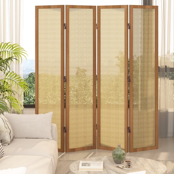 4 Panel Wood Room Divider - 5.6 Ft Tall Folding Privacy Screen, Hand-Woven Rattan Room Divider, Portable Partition Screen, Wooden Freestanding Wall Dividers for Bedroom Home Office (Natural)