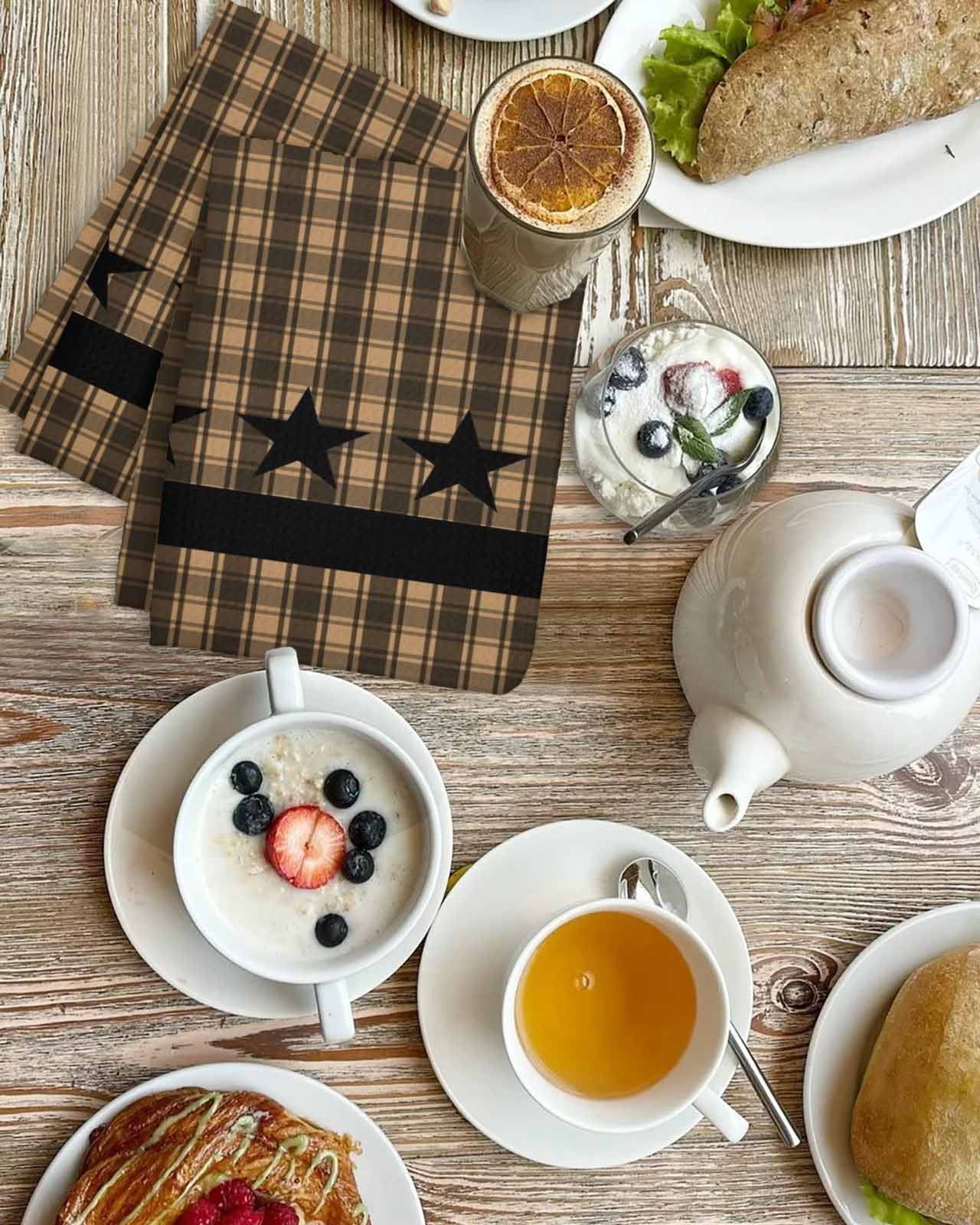 Brown Black Plaid Hand Towels Set, Waffle Weave Kitchen Towels 2 Pieces, Vintage Rustic Star Buffalo Check Microfiber Hair Face Bath Tea Towel Absorbent Quick Drying Cleaning Dish Cloths 15.7"x23.6"