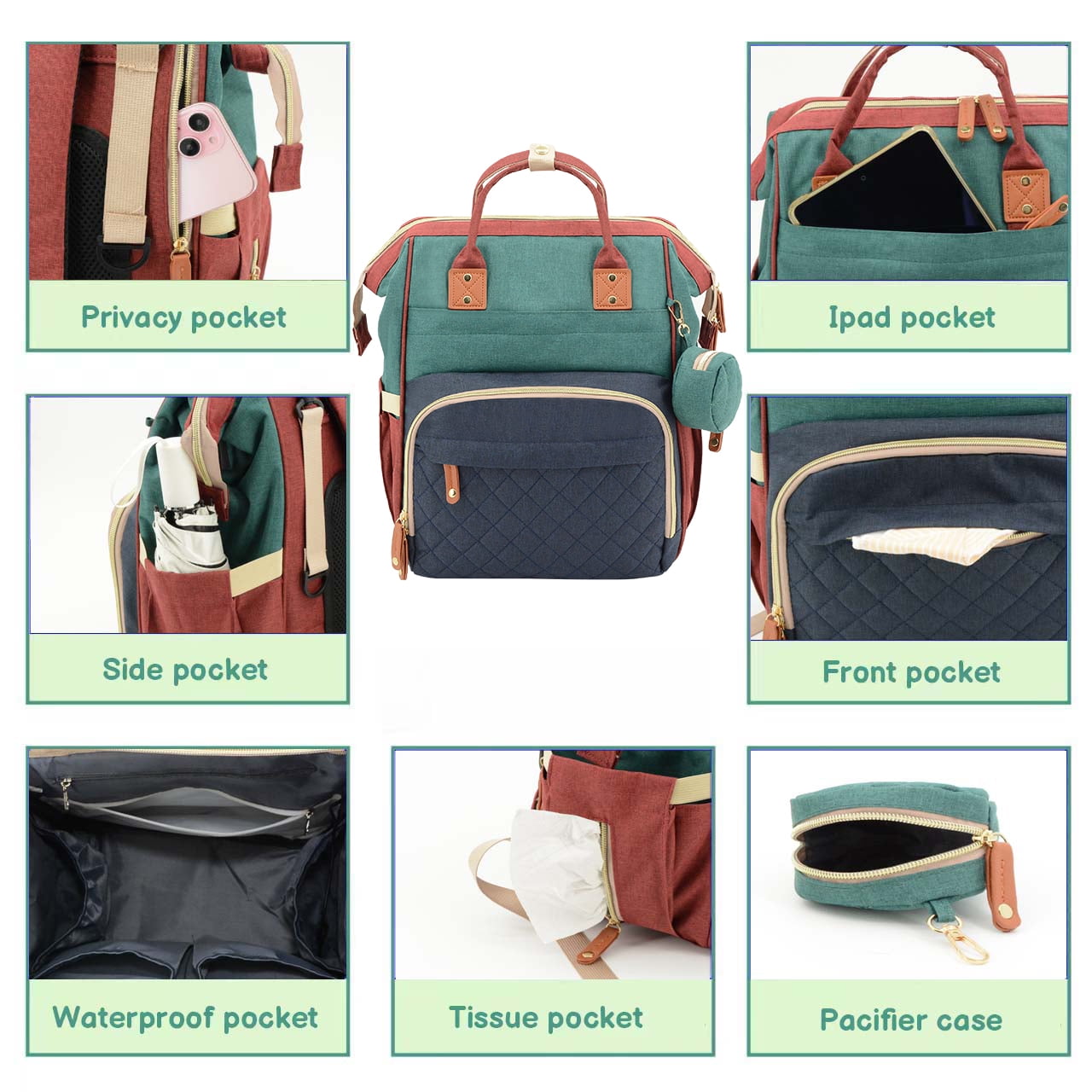 DERSTUEWE Baby Diaper Bag Backpack, Diaper Bag for Dad Mom , Insulated Milk Bottle Pockets, Pacifier Case, Large Diaper Bag for Travel (Colorful)