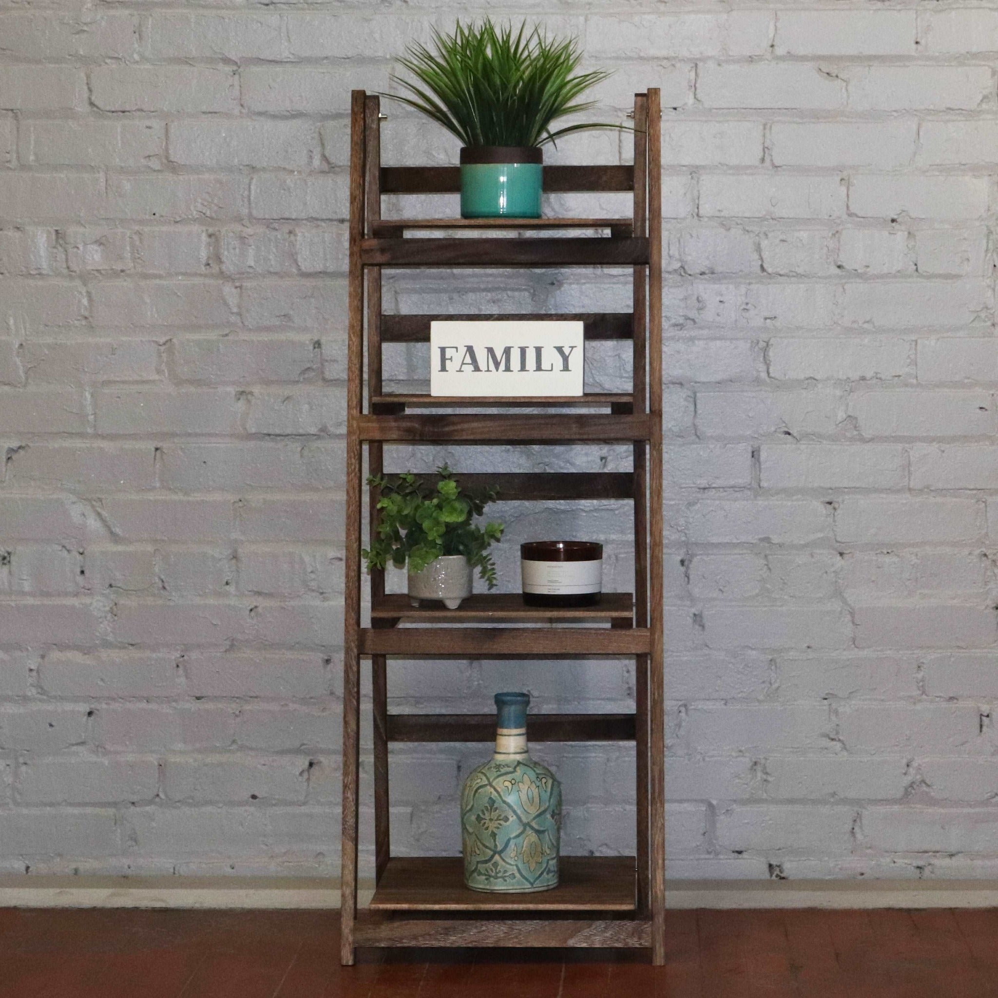 Milltown Merchants Distressed Ladder Shelf - Rustic Leaning Bookshelf - Brown