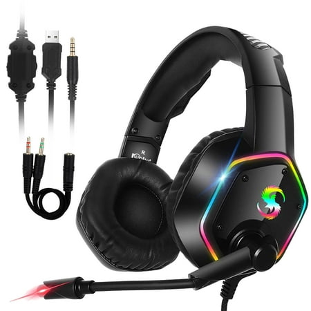 EEEkit Gaming Headset with Mic for Xbox One, PS4, PC, Nintendo Switch, Tablet, Smartphone, Headphones Stereo Over Ear Bass 3.5mm Microphone Noise Canceling 7 LED Light Soft Memory Earmuffs