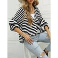 thumbnail image 4 of Womens Striped Sweater Coat Casual Long Sleeve Open Front Button Down Loose Knit Cardigan Fall Black M, 4 of 8