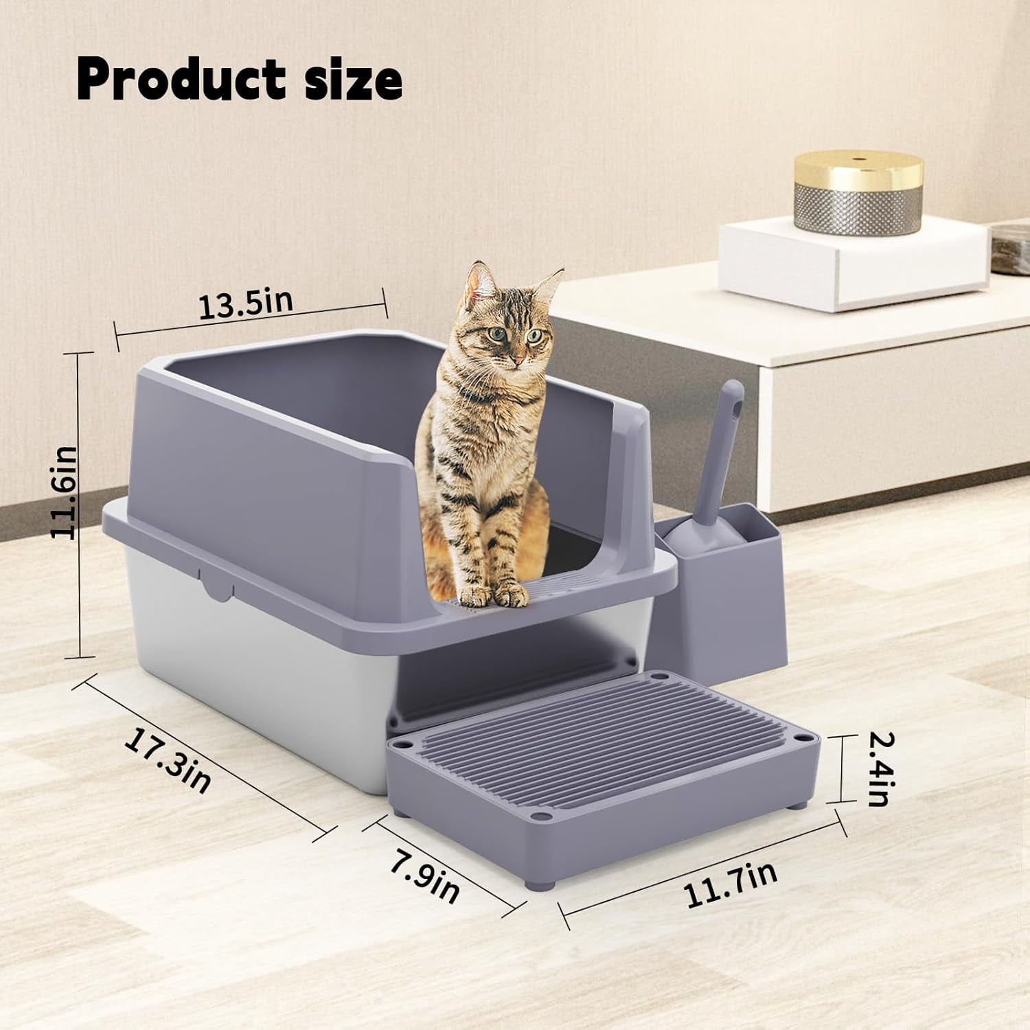 Stainless Steel Cat Litter Box with Odor Control - High Sides, Easy Clean Non-Porous Design - Includes Scoop for Open Top Fast Scooping