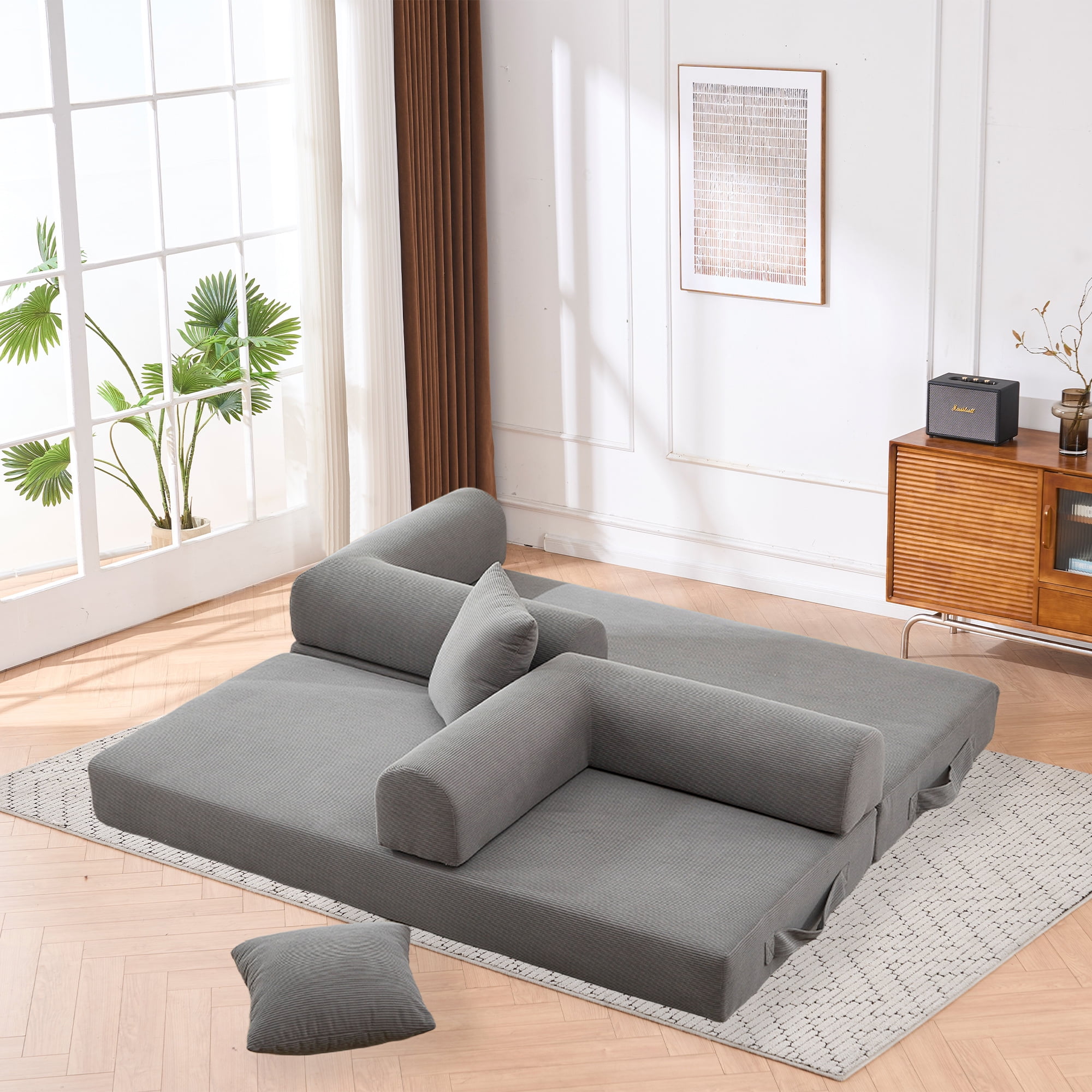 Leumius 4‑in‑1 Futon Sofa Bed,Modular Corduroy Sofa Couch with Fixed-Shape Frame & Removable Armrests,Folding Mattress Couch for Living Room, Office, Apartment,Gray
