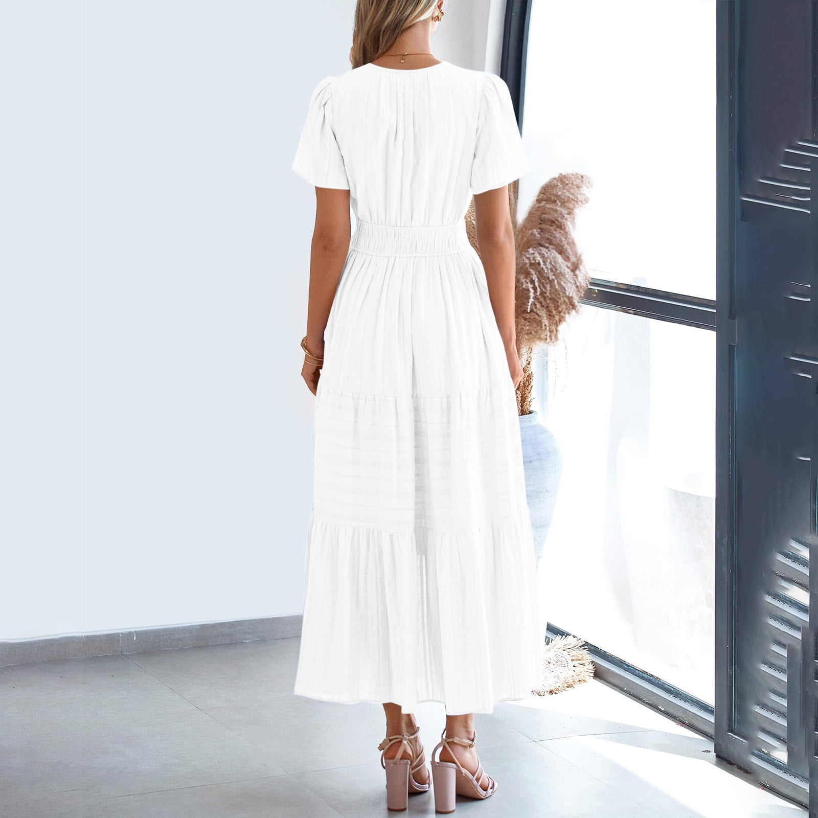 Lorytime Womens Midi Dresses with Short Sleeves White Summer Calf Length Dresses Pleated Tiered Hawaiian Flowy Coverup Solid V Neck Dress Casual Resortwear Stylish Clothes 2XL