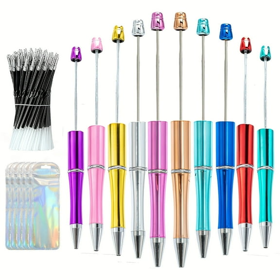 70 Pieces Multicolor UV Beadable Pen 50 Pen Refills 10 Ballpoint Pens 10 Pen Bags Retractable Diamond Bead Pen Plastic DIY Bling Pens Cool Shaft Beaded Pen Black Ink for DIY Making Party Office