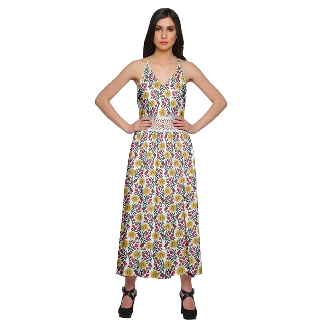 Moomaya Robe Maxi Sans Manches pour Femmes avec Garniture en Dentelle à Bretelles Spaghetti Tenue d'Été
