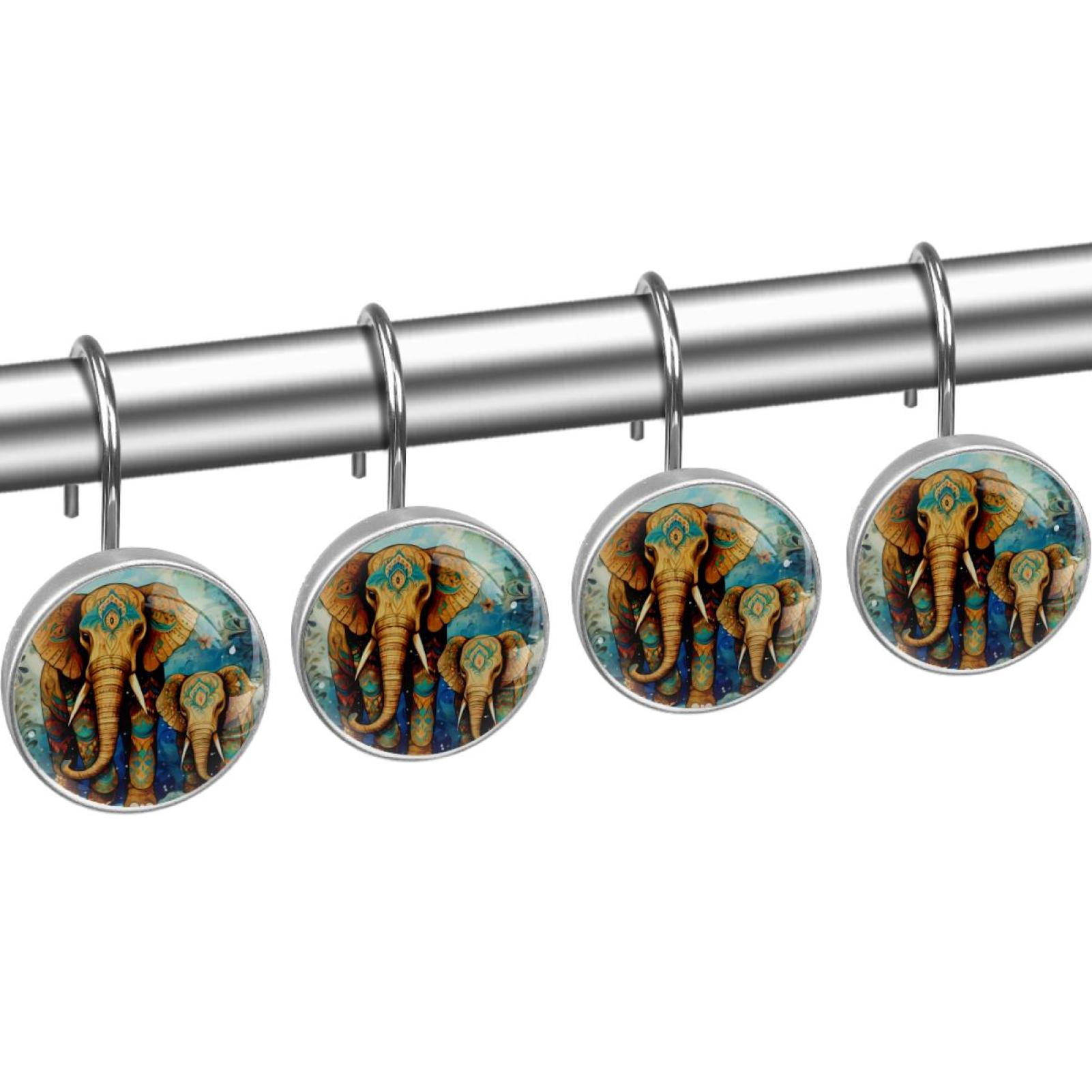 Elephant Shower Curtain Hooks （Set of 12） for Home Hotel Shower Rods Bathroom Crystal Glass Print Stainless Steel Round Curtain Hooks