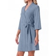 thumbnail image 3 of Women's Waffle Knit Robe 3/4 Sleeve V Neck Knee Length Wrap with Adjustable Waist Belt Light Blue L, 3 of 4