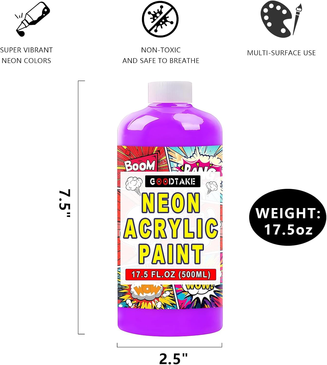 Glow in the Dark Paint | 17.5 fl.oz (500ml) Neon Acrylic Paints For Fabric, Canvas, Rock | Fluorescent Acrylic Paint for Outdoor & Indoor Art, Crafts & Decor | Blacklight - Long Lasting (Purple)