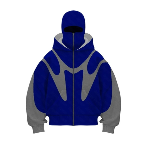 Dwelliawo Balaclava Hoodie for Men Warm Face Fashion Double Layered Hoodies with Eye Mask Built In Hip Hop Zip Up Y2k Sweatshirts Royal Blue S