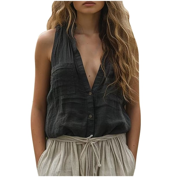 Vestidos Casuales Para Mujer, Blusas De Mujer De Moda Camisa sin mangas de lino con cuello en V y bolsillo de color liso para mujer, primavera y verano