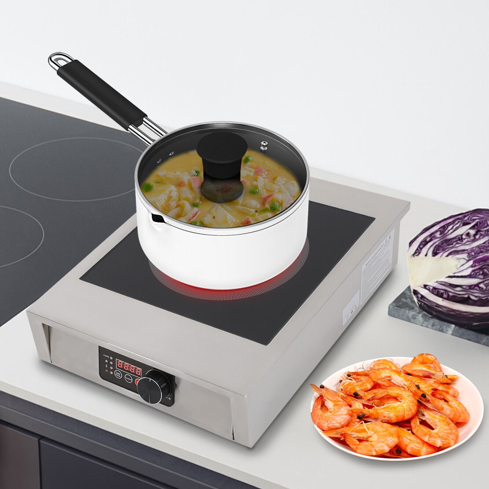 High-Power Commercial Induction Cooktop - 3500W Electric Burner, Energy Efficient, Adjustable Temperature, Overheat Protection, Stainless Steel & Black Crystal Panel