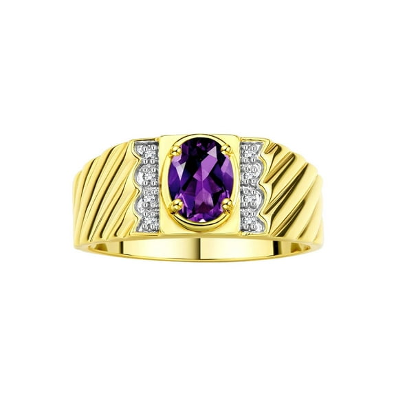Rylos 14K Yellow Gold Classic 8X6MM Oval Amethyst & Sparkling Diamond Ring - Birthstone Jewelry for Men -Size 8