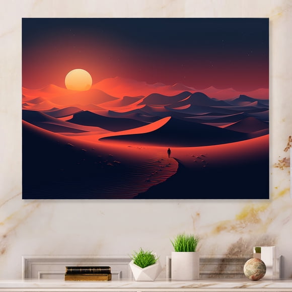 Designart "Sunrise Splendor Black and Red Desert Vista II" Desert Metal Wall Art, Red Metal Wall Decor, Global Metal Art Decor For Hallway - 32x16 Inch