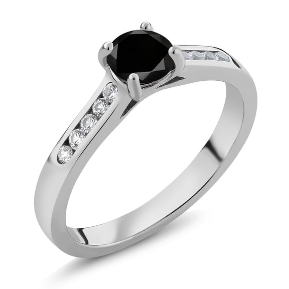 Gem Stone King 925 Sterling Silver Black Diamond and White Created Sapphire Engagement Ring for Women | 0.65 Cttw | Round 5MM | Gemstone April Birthstone | Size 5