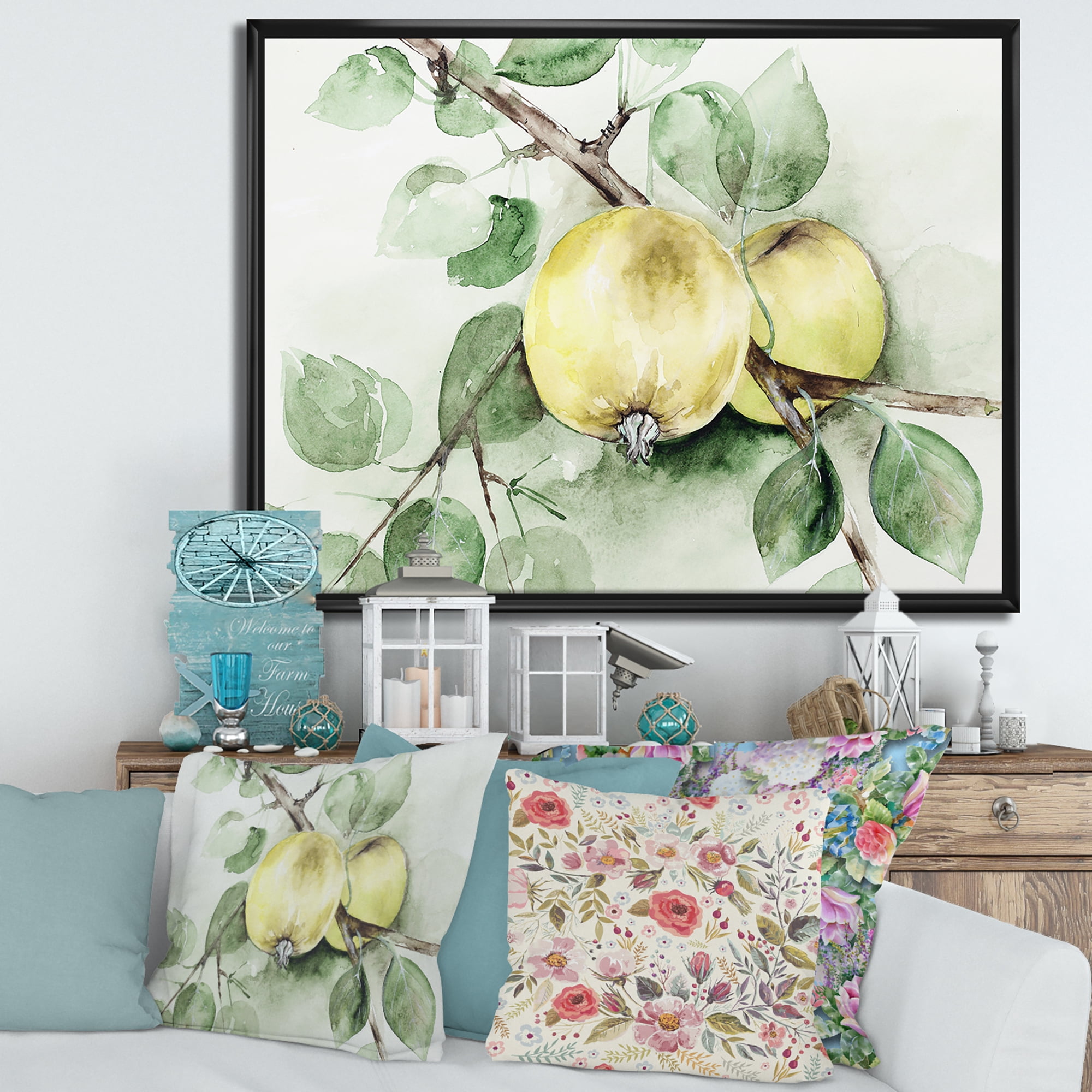 Designart 'Ancient Green Appels' Farmhouse Framed Canvas Wall Art Print