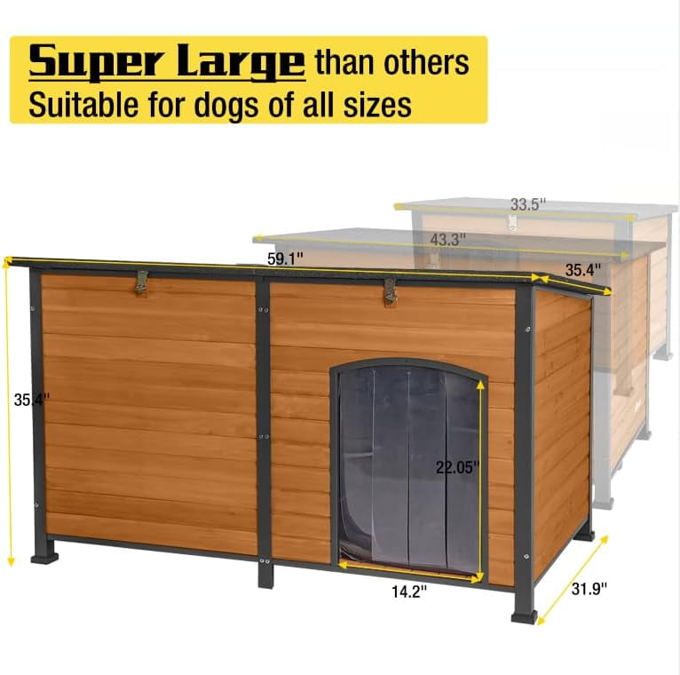 Aivituvin 59.1" Large Insulated Dog House for Winter Outdoor Weatherproof Kennel All-Around Iron Frame, Brown