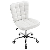 Armless Desk Chair Modern Tufted Office Chair Faux Leather Upholstered Computer Chair with Adjustable Seat Height and Rolling Wheels for Home/Office, White