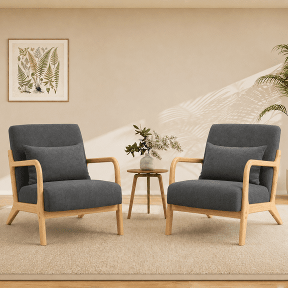 PAPROOS Accent Chair Set of 2, Mid-Century Modern Armchair with Solid Wood Frame and Pillow, Velvet Fabric Upholstered Reading Chair for Living Room Bedroom, Gray