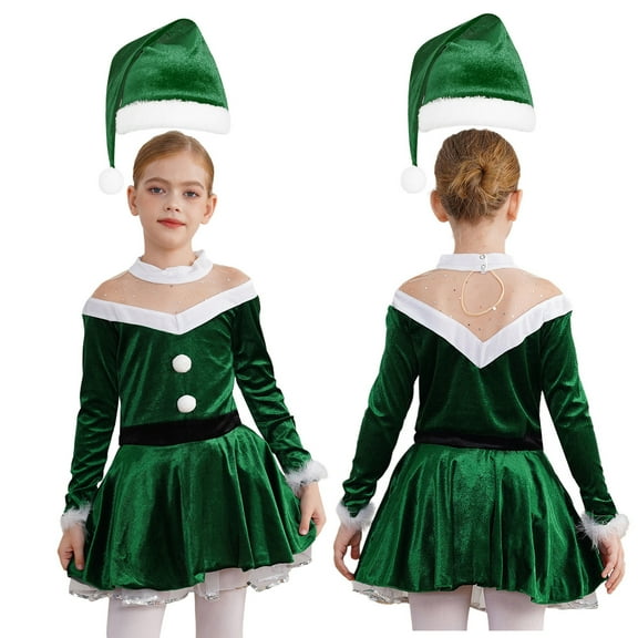 Aislor Kids Girls Christmas Fancy Costume Santa Dance Dress Ballet Figure Ice Skating Leotard Dresses Green 10