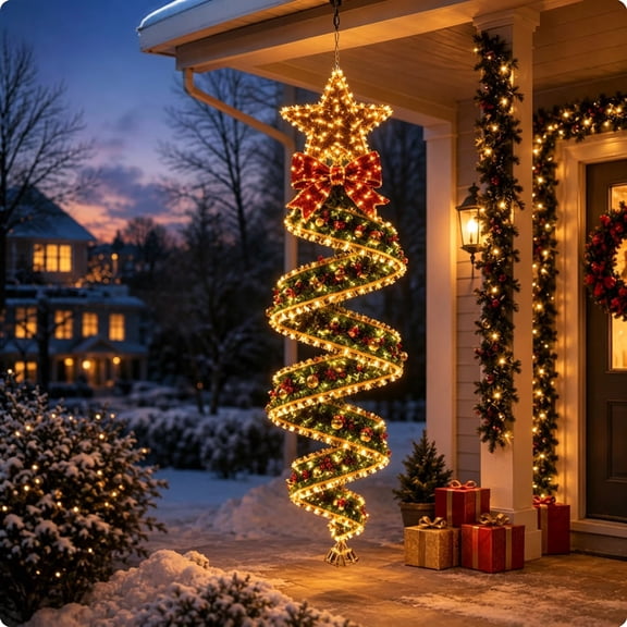 Christmas Magic Spiral Hanging LED Light Collection, Star, Hanging Christmas Decoration with Spiral Lights for Christmas Porch Entryway Doorway and Outdoor Holiday Decor