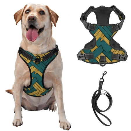 TEQUAN Large Dog Harnes with Leash Geometric Blue Yellow Weave Prints Reflective No Pull Adjustable Pet Vest (XL)