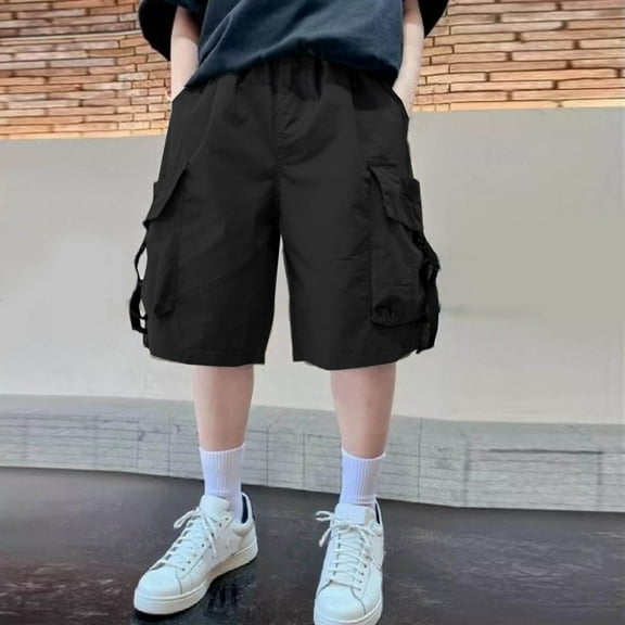 SGFCWSX Boys Cargo Shorts Elastic Waist Loose with Pockets Cotton Summer Casual Shorts for Teens Black Size 15-16 Years