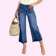 thumbnail image 4 of Wide Leg Jeans for Women Trendy High Waisted Flare Jeans Cropped Denim Pants Stretchy Baggy with Patch Pockets Blue XL, 4 of 5