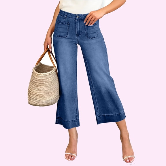 Wide Leg Jeans for Women High Waisted Trendy Front Patch Pocket Flare Cropped Jeans Stretchy Denim Jean Pants Blue L