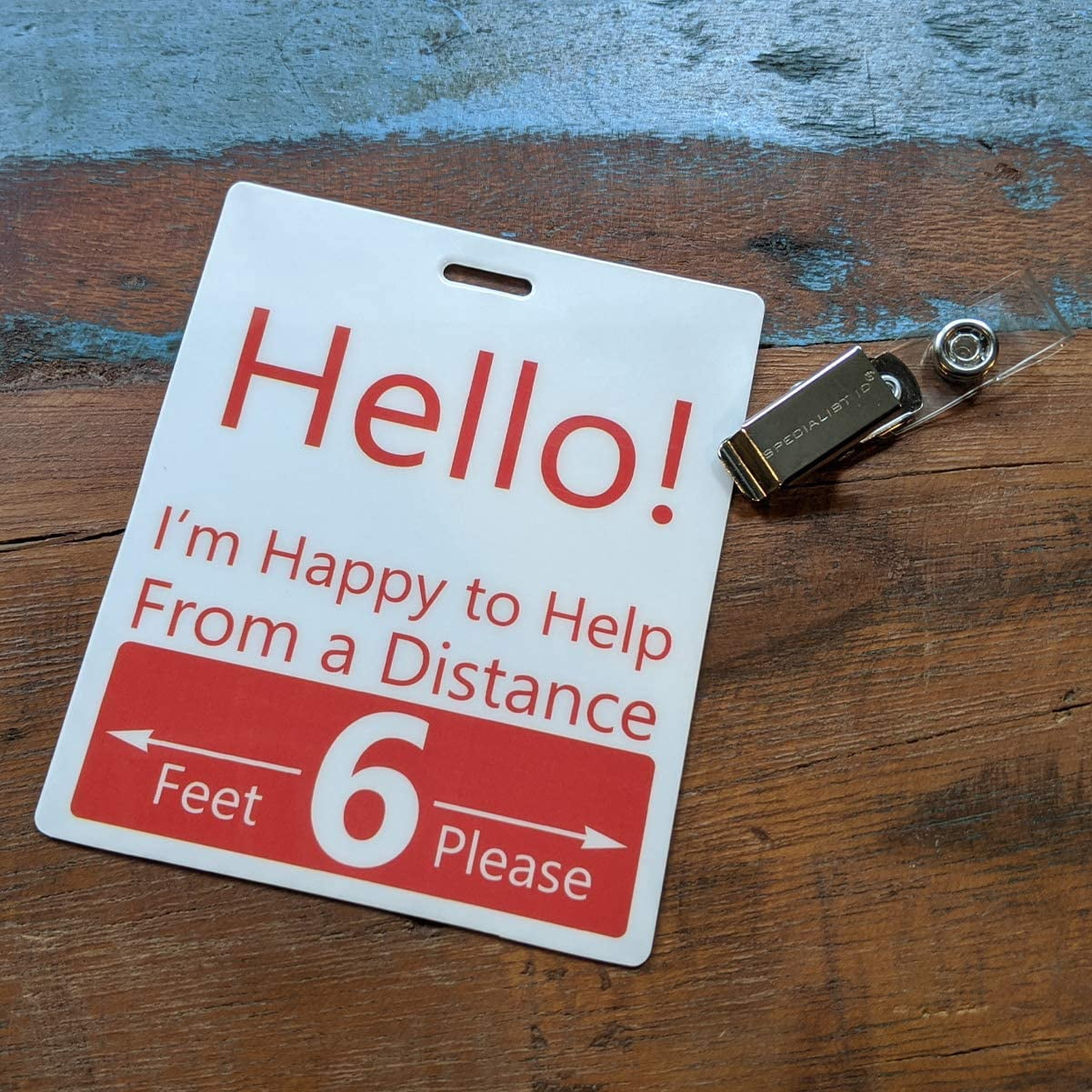 Bulk 25 Pack - Social Distancing Badge Buddies - Extra Large 6 Feet Distance Buddy Badges with I'd Clip - Individual Sign for Essential Employee or Health Care Worker by Specialist ID (Red/White)
