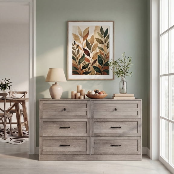 Netraty 6 Drawers Dresser, Large Wooden Bedroom Dressers, 55 in Wide TV Dresser, Wood Modern 6 Drawers Dressers & Chests of Drawers for Bedoom Living Room,Grey