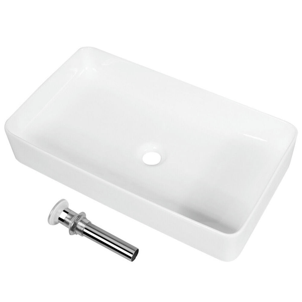 Finihen Bathroom Vessel Sink, Rectangle Ceramic Basin, 24 x 14 Inch Rectangle Bathroom Vessel Sink with Pop-up Drain, White Finihen Bathroom Vessel Sink, Rectangle Ceramic Basin, 24 x 14 Inch Rectangle Bathroom Vessel Sink with Pop-up Drain, White