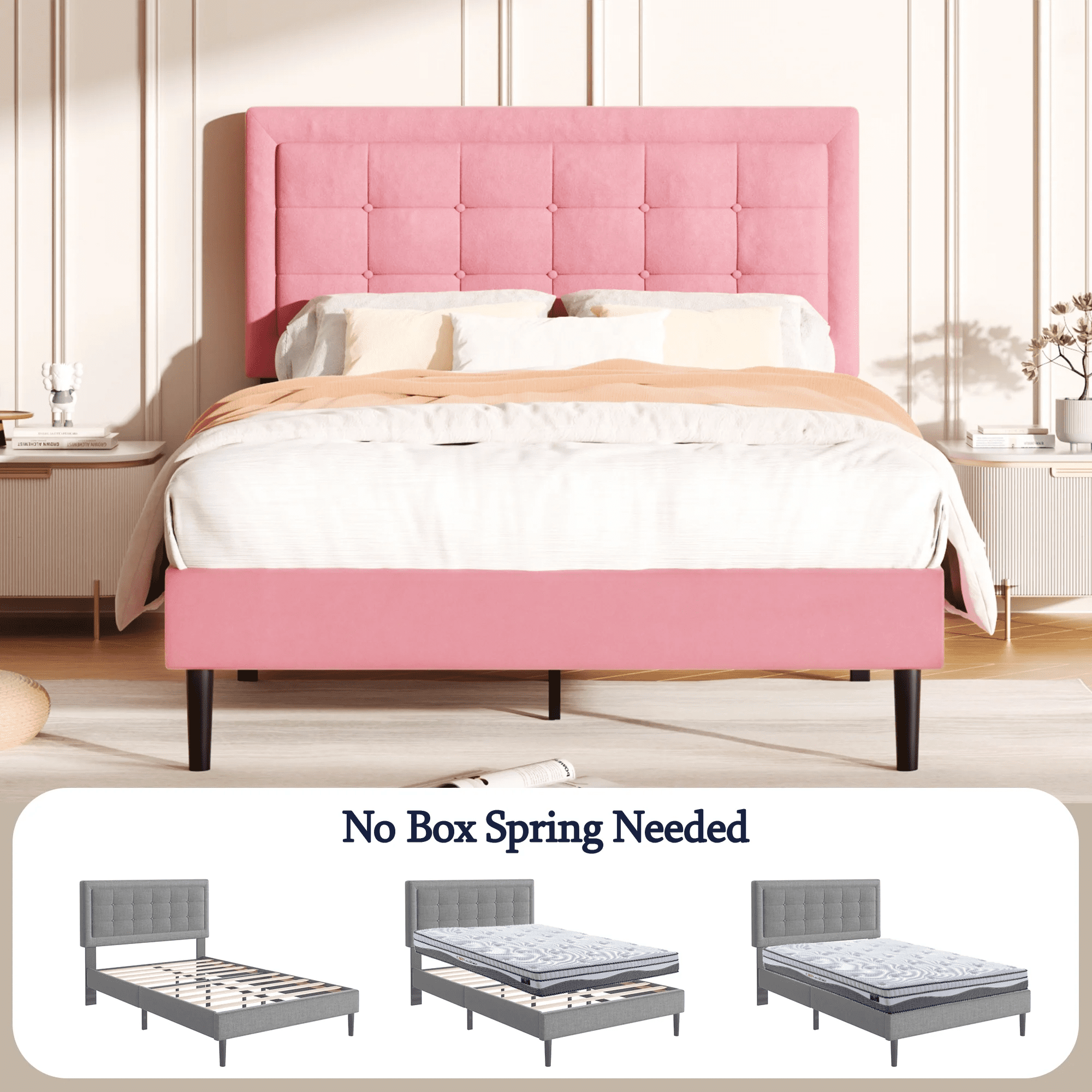 VIPLOV Pink Bed Frame,King Size Bed Frames with pholstered Headboard, Easy Assembly, Pink