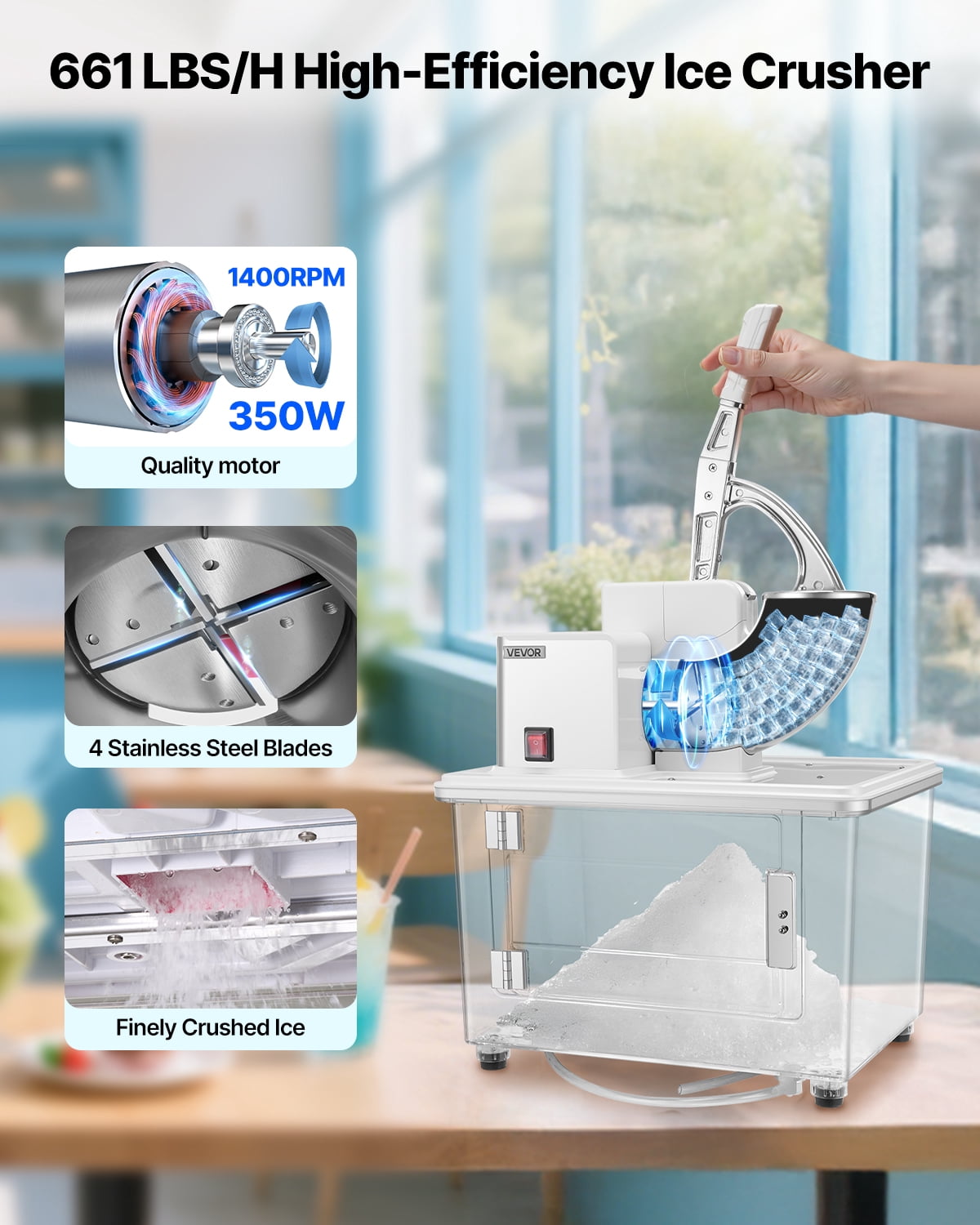 VEVOR Commercial Ice Crusher 661LBS/H, 350W Electric Snow Cone Machine with 4 Blades, 1400RPM Stainless Steel Shaved Ice Machine with 11 Gal Crushed-Ice Box,