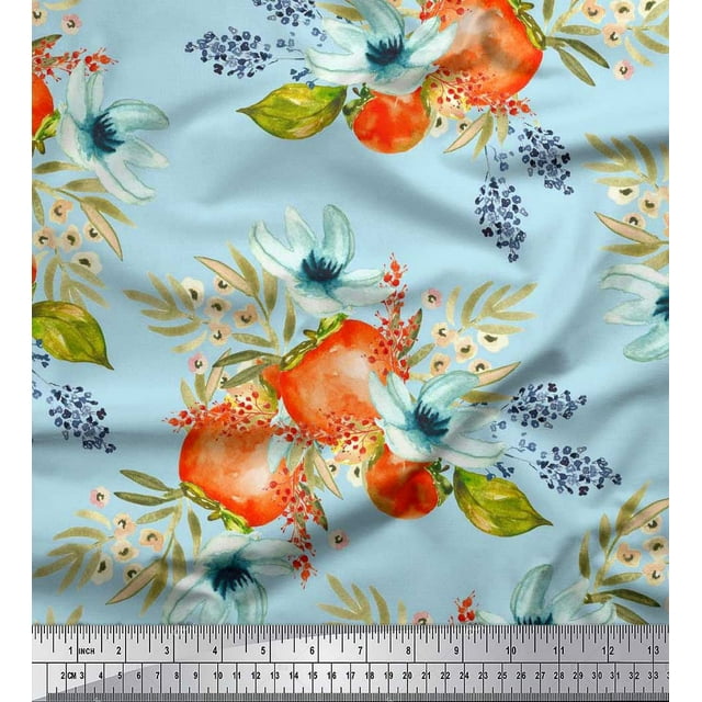 Soimoi Green polyester Crepe Fabric Tomato & Freesia Floral Print Sewing Fabric Yard 52 Inch Wide