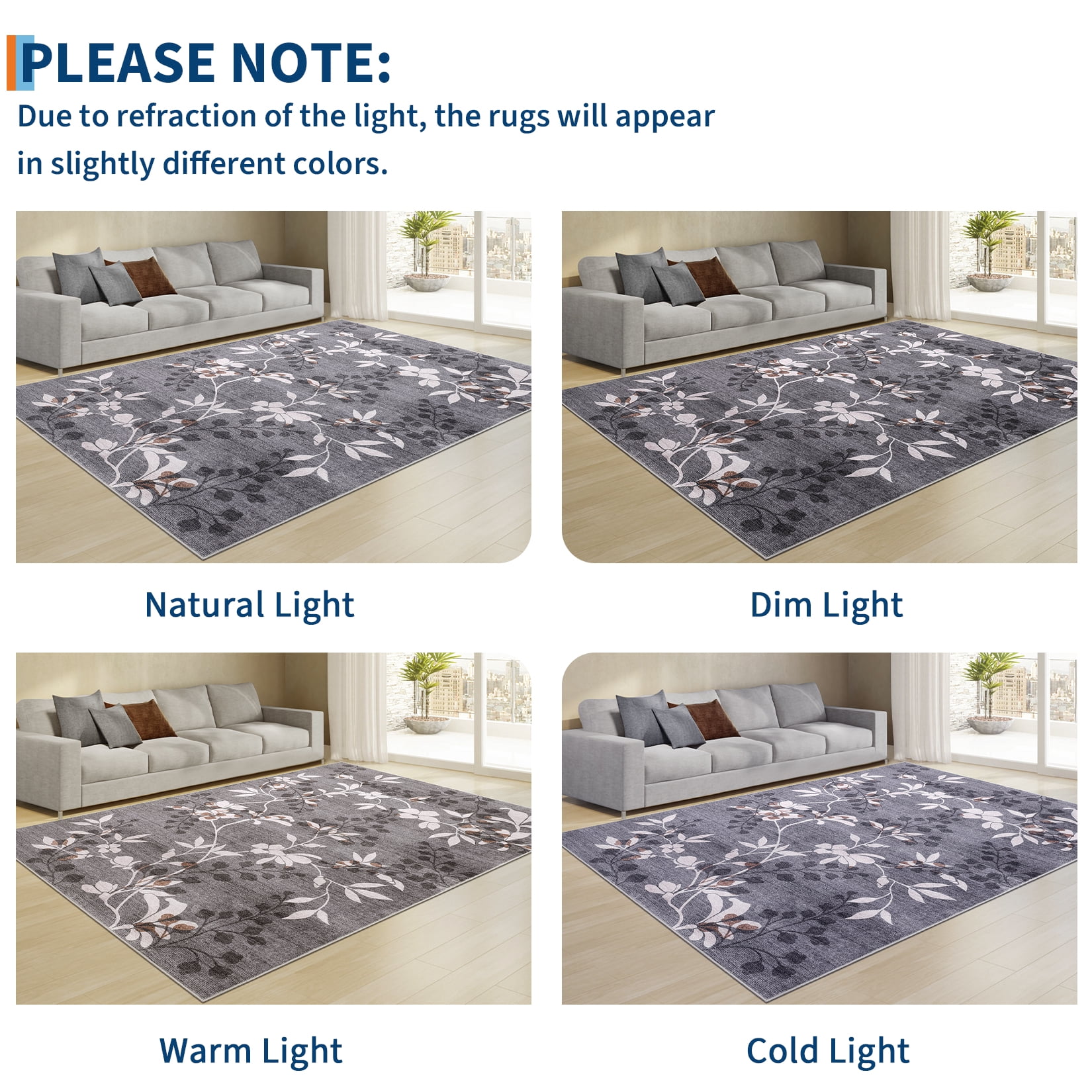 Garvee 5'x7' Modern Area Rug Washable Floral Accent Carpet with Non-Slip Backing, Stain-Resistant Soft Rugs Low Pile Floor Mats, Botanical Print Rug for Living Room, Bedroom, Dining Room, Gray